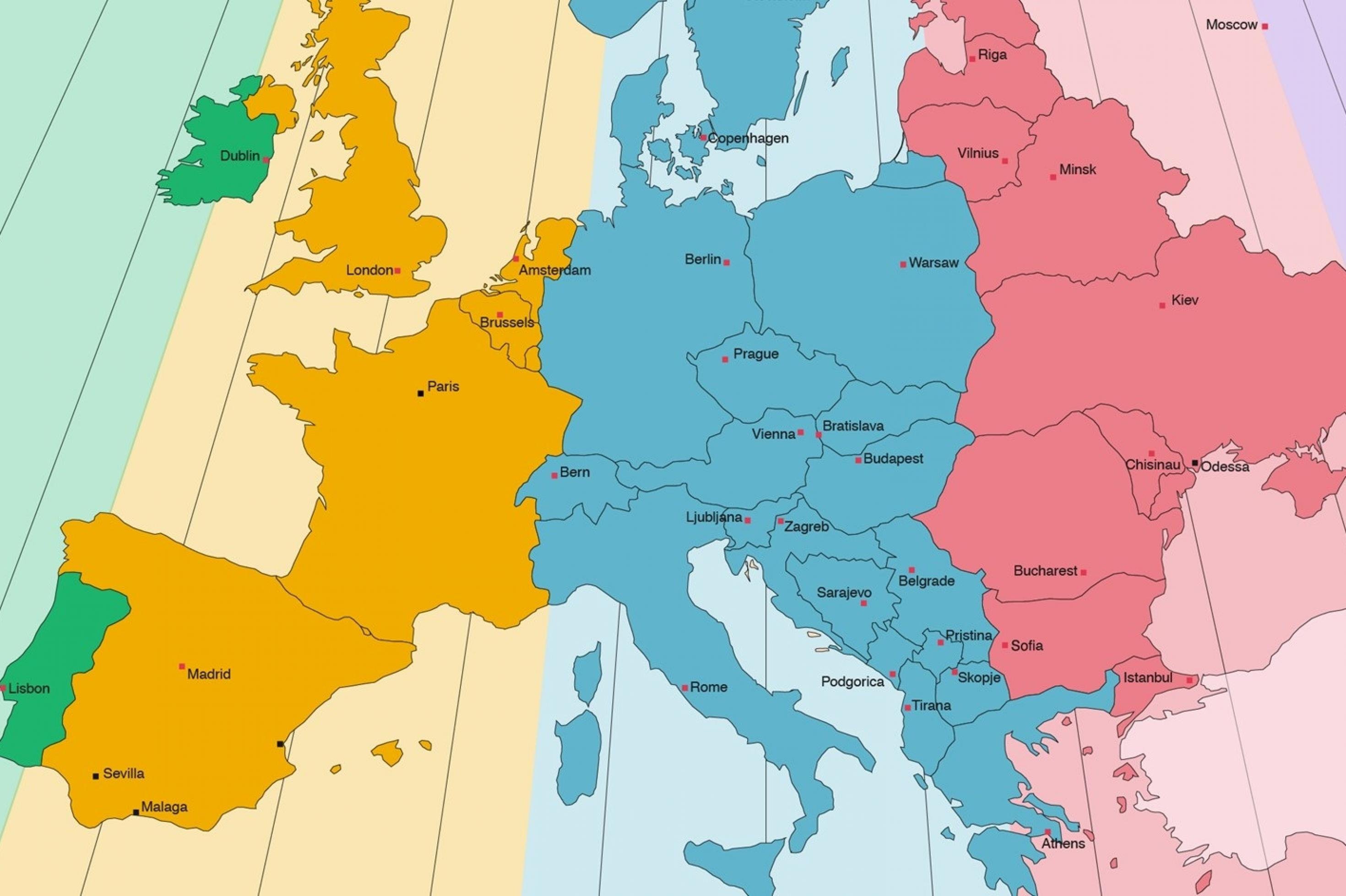 Eine Landkarte Europas. Die Länder sind unterschiedlich angefärbt, um verschiedene Zeitzonen anzudeuten.