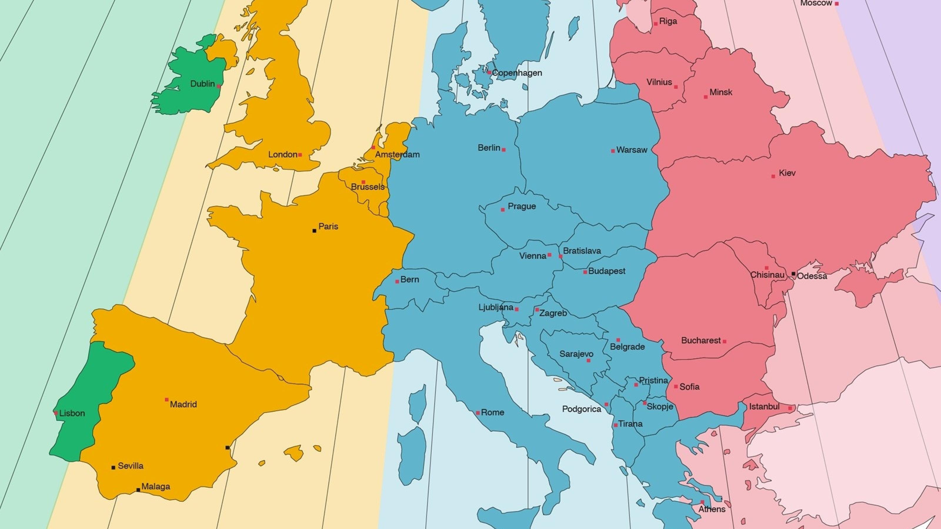 Eine Landkarte Europas. Die Länder sind unterschiedlich angefärbt, um verschiedene Zeitzonen anzudeuten.