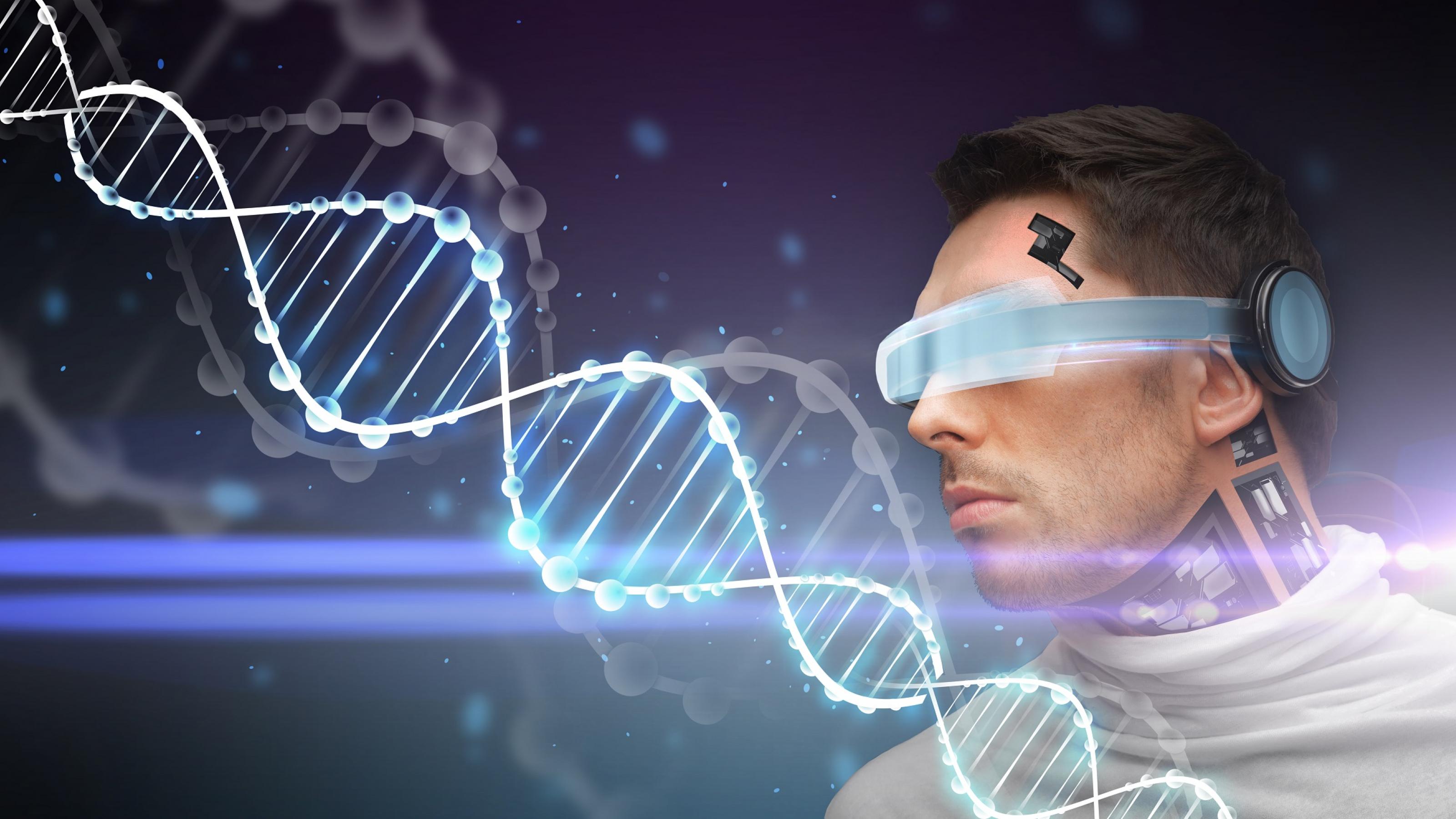 Illustration: Ein Mann mit einer 3-D-Brille und mehreren an ihn angebrachten Sensoren betrachtet ein stark vergrößerte DNA-Molekül