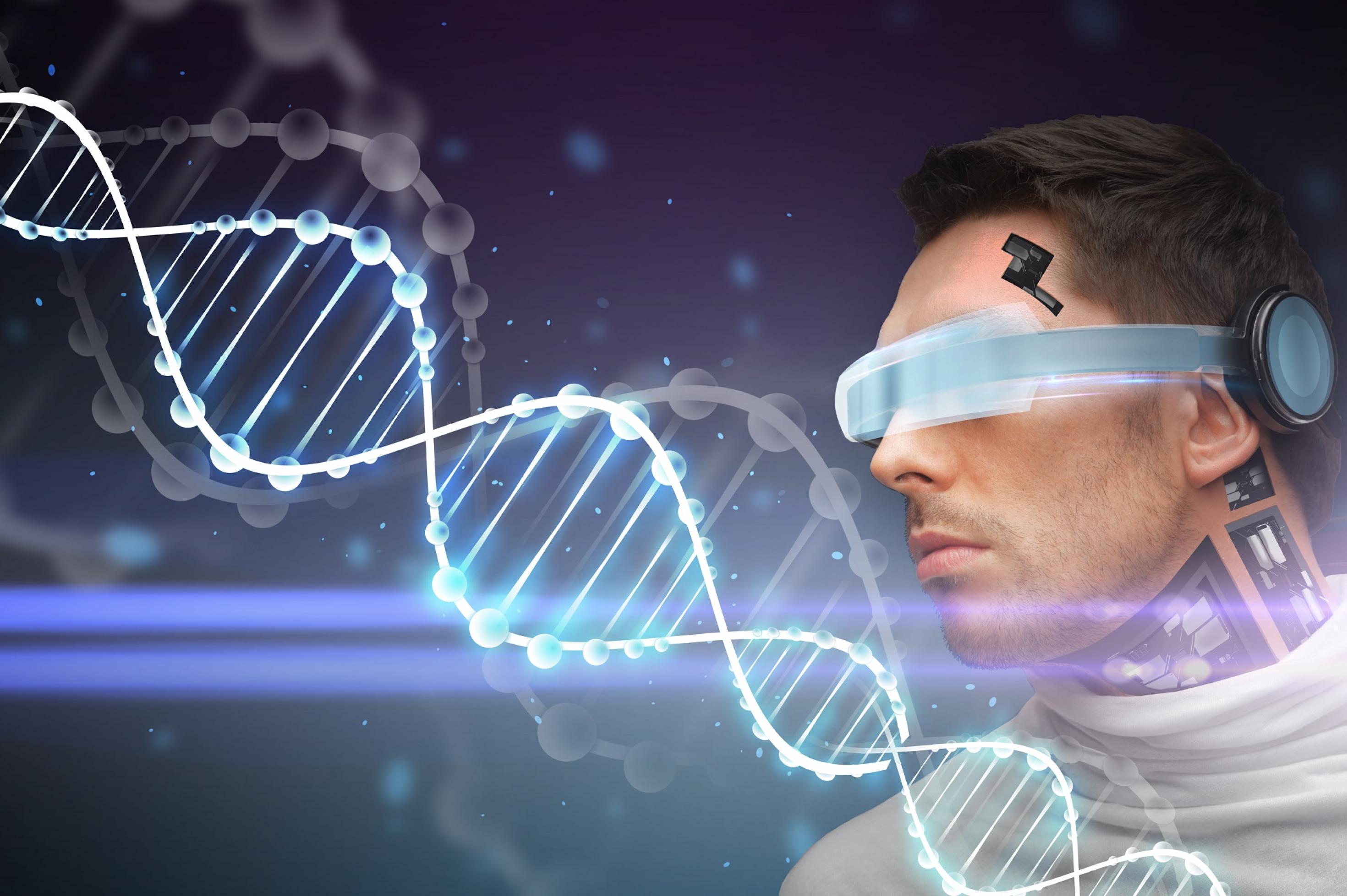 Illustration: Ein Mann mit einer 3-D-Brille und mehreren an ihn angebrachten Sensoren betrachtet ein stark vergrößerte DNA-Molekül